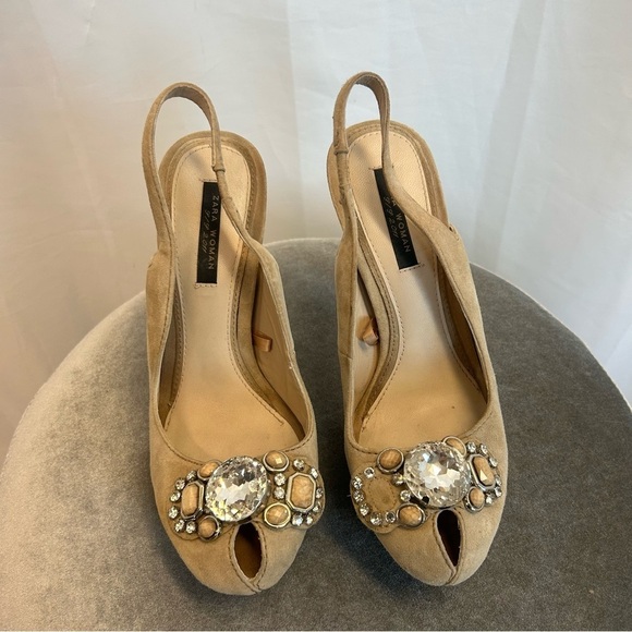 Zara beige tan brown suede gem jewelled embellished peep toe platform high heels - Picture 4 of 9